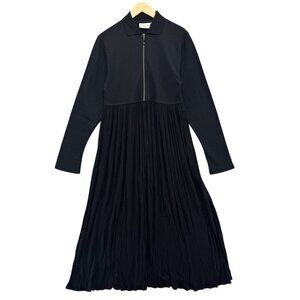 Nordstrom Pleated Maxi Dress Solid Black Long Sleeve Zip Front Mixed Media Sz S